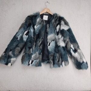 MNG Casual Faux Fur Jacket Womens XS Multicolor Patchwork Short Coat Textured